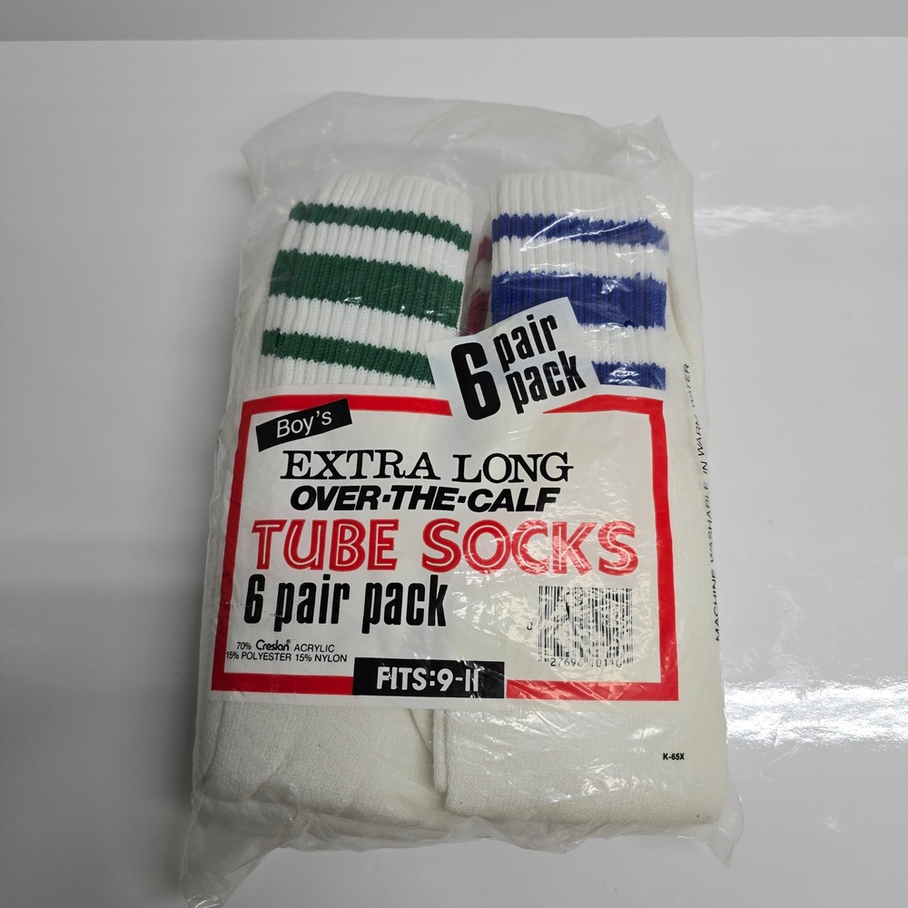 Vintage Extra Long Tube Socks Boys 9-11 White Striped 6 Pair Pack Retro 80s